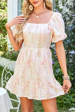 Floral Puff Sleeve Square Neck Knotted Open Back Ruffled Mini Dress Woman Dress