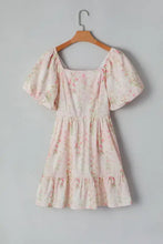 Floral Puff Sleeve Square Neck Knotted Open Back Ruffled Mini Dress Woman Dress