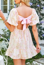 Floral Puff Sleeve Square Neck Knotted Open Back Ruffled Mini Dress Woman Dress