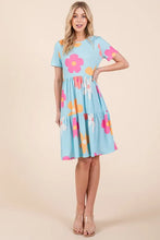 Floral Round Neck Short Sleeve Tiered Dress in Light Blue