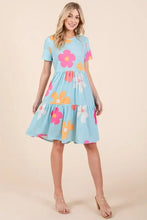 Light blue floral round neck short sleeve tiered dress