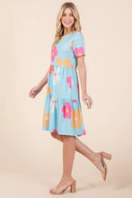 Floral Round Neck Short Sleeve Tiered Dress in Light Blue