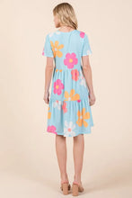 Floral Round Neck Short Sleeve Tiered Dress in Light Blue