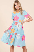 Floral Round Neck Short Sleeve Tiered Dress in Light Blue Pastel Blue