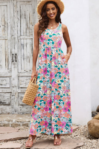 Floral Print Round Neck Sleeveless Maxi Dress with Pockets Multicolor