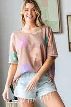 Rose gold floral round neck waffle t-shirt with denim shorts