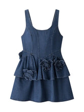 Denim sleeveless floral ruffle layered dress with peplum and three-dimensional floral appliqués in blue