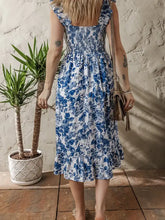 Floral Ruffle Strap Square Neck Smocked Bodice Midi Dress Woman Casual Dress