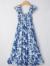 Floral Ruffle Strap Square Neck Smocked Bodice Midi Dress Woman Casual Dress