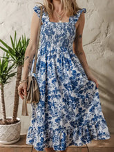 Floral Ruffle Strap Square Neck Smocked Bodice Midi Dress Woman Casual Dress