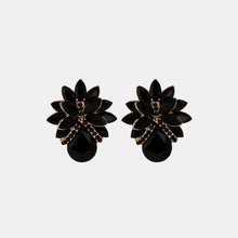 Black flower shape glass stone stud earrings with gold accents and colorful rhinestones