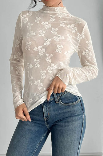 Floral Sheer Long Sleeve Top for Women White