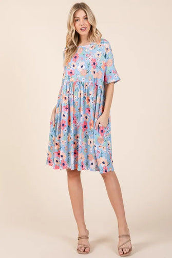 Floral Shirred Dress with Pockets Midi Babydoll Casual Dress AS SHOWN