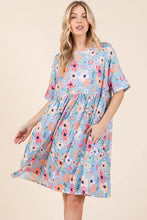 Floral Shirred Dress with Pockets Midi Babydoll Casual Dress