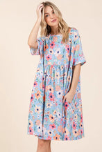 Floral Shirred Dress with Pockets Midi Babydoll Casual Dress