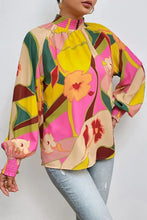 Floral Smocked Lantern Sleeve Mock Neck Blouse Woman Blouses