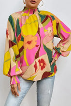 Floral Smocked Lantern Sleeve Mock Neck Blouse Woman Blouses