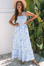 Floral Smocked Tied Straps A-Lined Tiered Dress Light Blue Casual Dresses