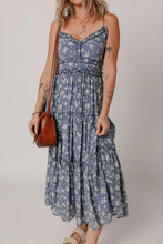 Floral Spaghetti Strap Frilled V Neck Tiered Midi Dress Dusty Blue Woman Casual Dress