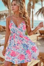Floral Spaghetti Strap Surplice Neck Shirred Waist Mini Dress Floral Casual Dresses