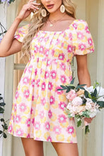 Floral Square Neck Puff Sleeve Pleated Flared Midi Dress Woman Casual Dress