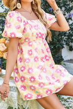 Floral Square Neck Puff Sleeve Pleated Flared Midi Dress Woman Casual Dress