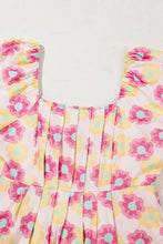 Floral Square Neck Puff Sleeve Pleated Flared Midi Dress Woman Casual Dress