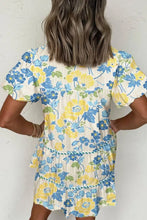 Floral Striped Trim Puff Short Sleeve Dress Casual Dresses