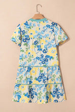 Floral Striped Trim Puff Short Sleeve Dress Casual Dresses