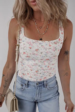White floral textured square neck sleeveless bodysuit featuring pink and blue blossoms in a tank top style