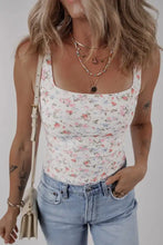 White floral textured square neck sleeveless bodysuit with pink and blue blossoms in lightweight fabric