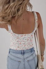 White floral textured square neck sleeveless ruched tank top bodysuit with delicate floral print design