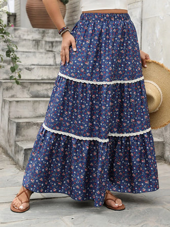 Floral Tiered Maxi Skirt with Lace Detail Dark Blue