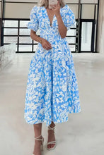 Floral V Neck Puff Short Sleeve Flowy Dress Light Blue Woman Casual Dress
