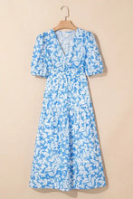 Floral V Neck Puff Short Sleeve Flowy Dress Woman Casual Dress