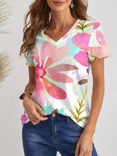 Floral Watercolor Print V-Neck T-Shirt with Short Sleeve Length Multicolor