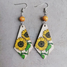 Floral wooden teardrop earrings with hand-painted sunflowers