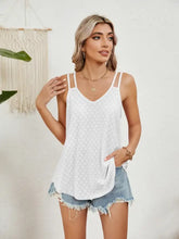White florira cutout eyelet tank top with thin straps v-neckline and delicate eyelet lace detailing