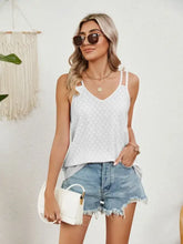 White lace florira cutout eyelet tank with thin straps and v-neckline featuring delicate eyelet detailing