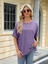 Florira round neck half sleeve purple loose-fit t-shirt with rolled cuffs