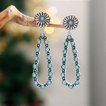 Silver-tone flower artificial turquoise teardrop earrings