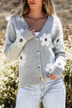 Flower Button Up Long Sleeve Cardigan Gray Woman Outerwear