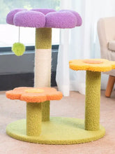 Purple flower cat tree with yellow orange design, plush top and scratching post