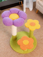 Purple flower cat tree with scratching post in yellow, orange, green base