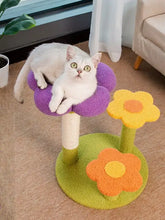 Purple flower cat tree with scratching post, yellow petals and green base
