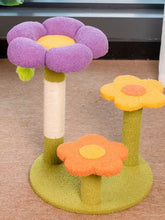 Purple flower cat tree with yellow orange plush petals and scratching post