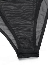 Black sheer mesh thong with solid black trim paired with flower off-shoulder mesh bodysuit featuring sheer fabric