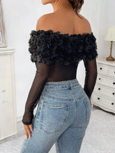 Black flower off-shoulder mesh bodysuit featuring floral ruffle detailing and sheer long sleeves in shoulder mesh design