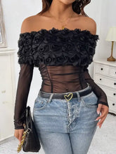 Black flower off-shoulder mesh bodysuit with ruffled rose embellishment and sheer shoulder mesh detail