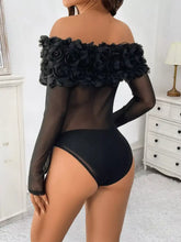 Black off-the-shoulder mesh bodysuit with sheer long sleeves and floral ruffle trim shoulder mesh design